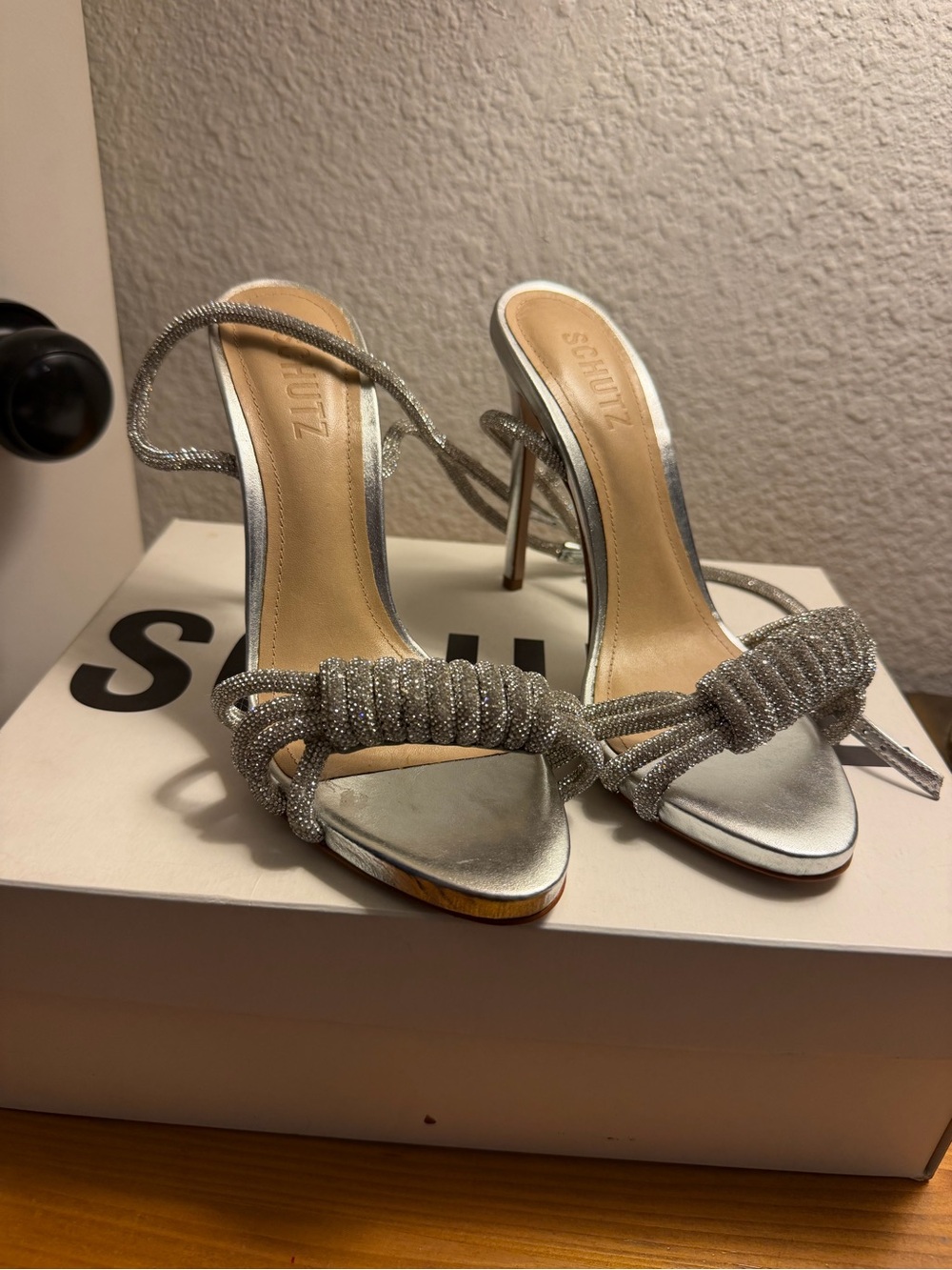 SCHUTZ Silver Knotted Strappy Stiletto Sandals
